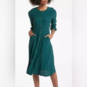 Boden Ashbourne Teal Button Front Midi Dress US 10R Long Sleeve Gold Buttons